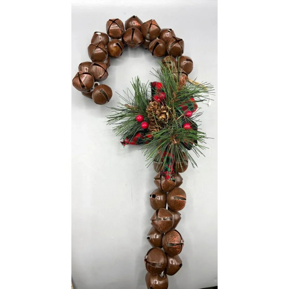 Candy Cane‎ Christmas Jingle Bell Decoration W/ Pinecone & Berry Accent 15